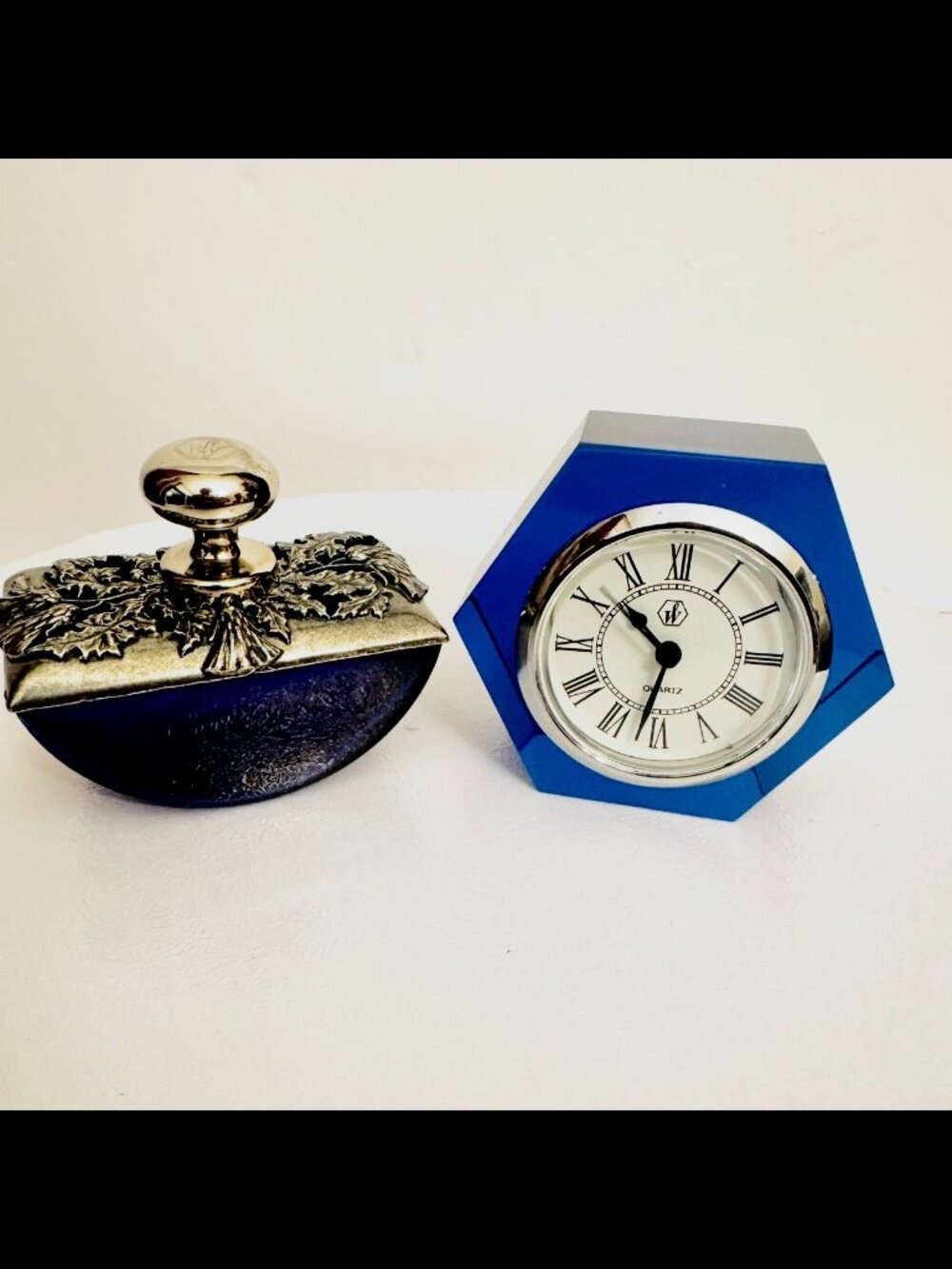 Vtg 1990 Cobalt Blue Rocker Glass Silver Plated Pewter Ink Blotter & Hexagon Des